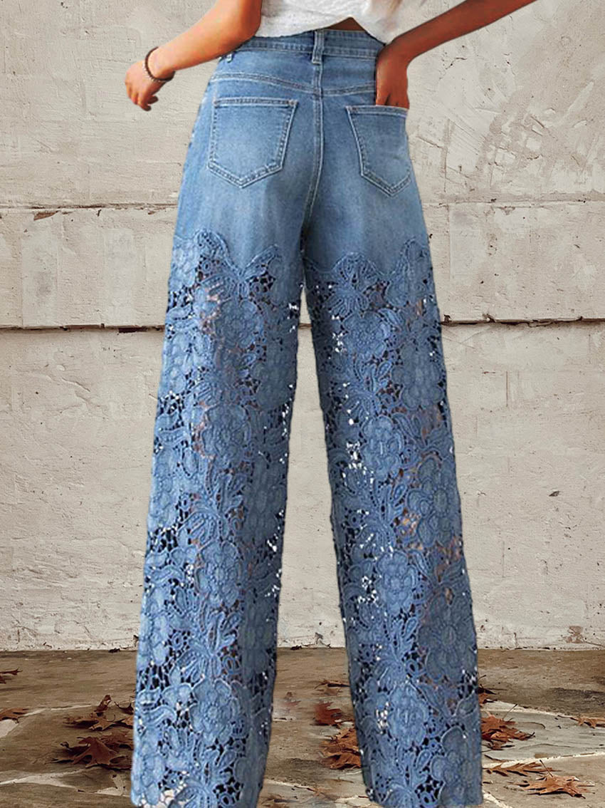 Stella | Patchworkjeans med spetsdetaljer och knäppning