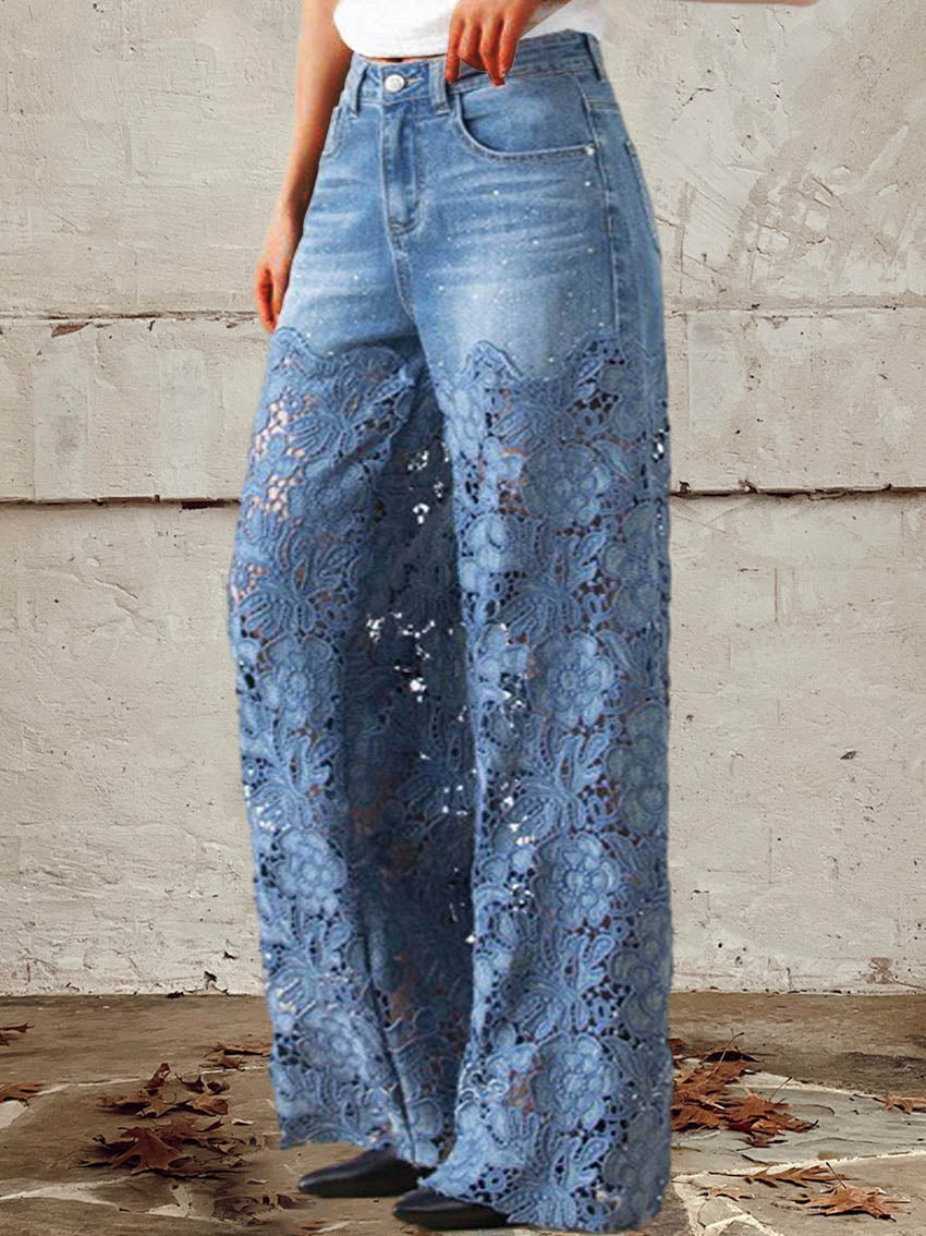 Stella | Patchworkjeans med spetsdetaljer och knäppning