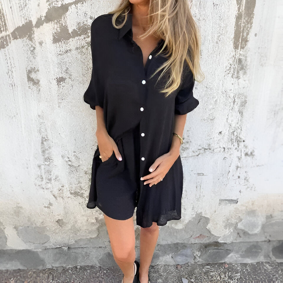 Christel | Casual enfärgad skjorta & shorts, set om 2 delar
