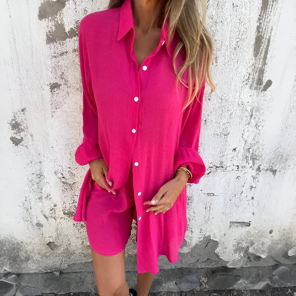 Christel | Casual enfärgad skjorta & shorts, set om 2 delar