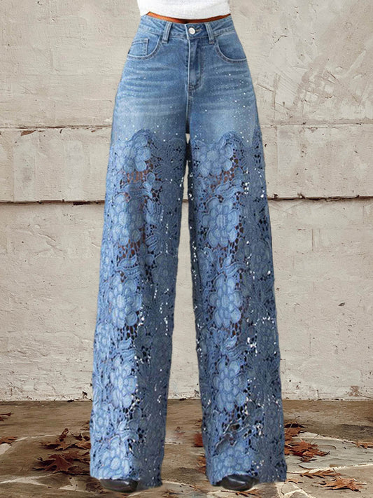 Stella | Patchworkjeans med spetsdetaljer och knäppning