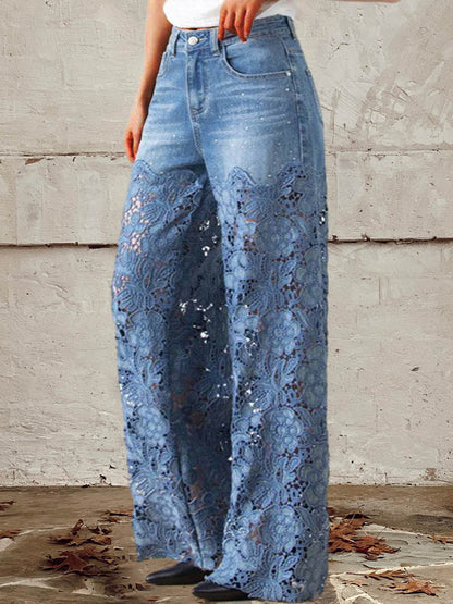 Stella | Patchworkjeans med spetsdetaljer och knäppning