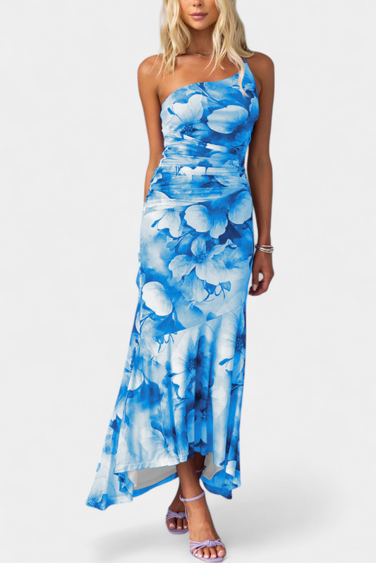 Elise | Bodycon-klänning med asymmetrisk ärm och stilrent blommönster