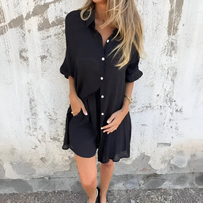 Christel | Casual enfärgad skjorta & shorts, set om 2 delar
