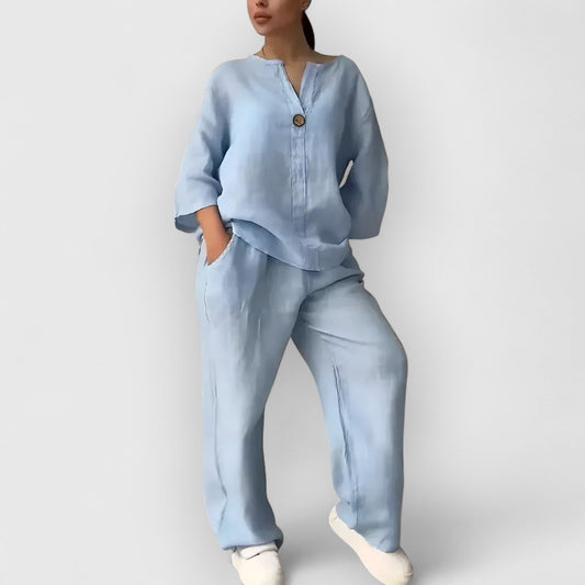 Joanna | Minimalistiskt lounge-set med vida byxor och kraglös topp