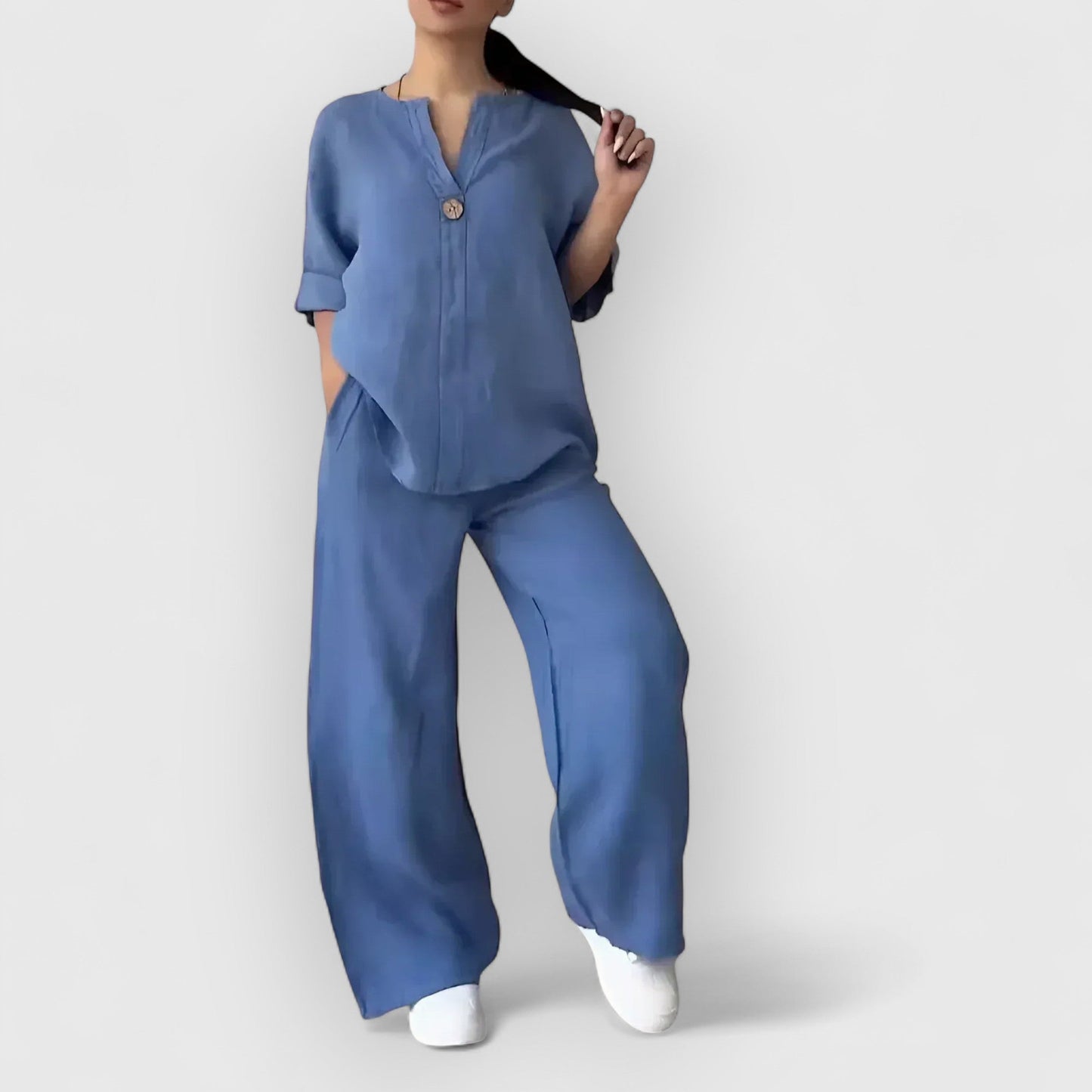 Joanna | Minimalistiskt lounge-set med vida byxor och kraglös topp
