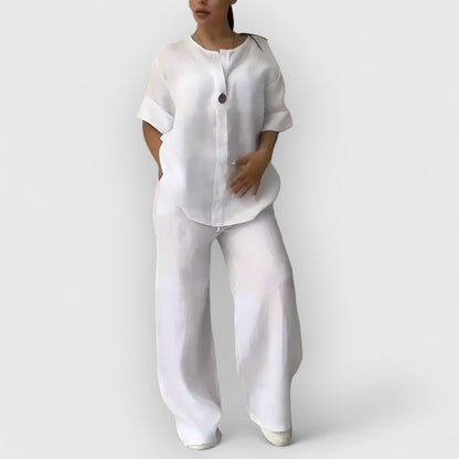 Joanna | Minimalistiskt lounge-set med vida byxor och kraglös topp