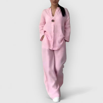 Joanna | Minimalistiskt lounge-set med vida byxor och kraglös topp